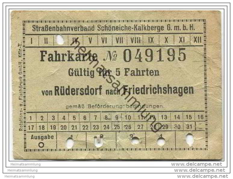 Schöneiche Kalkberge - Strassenbahnverband Schöneiche-Kalkberge GmbH - Fahrkarte Für 5 Fahrten - Von Rüdersdorf - Europe