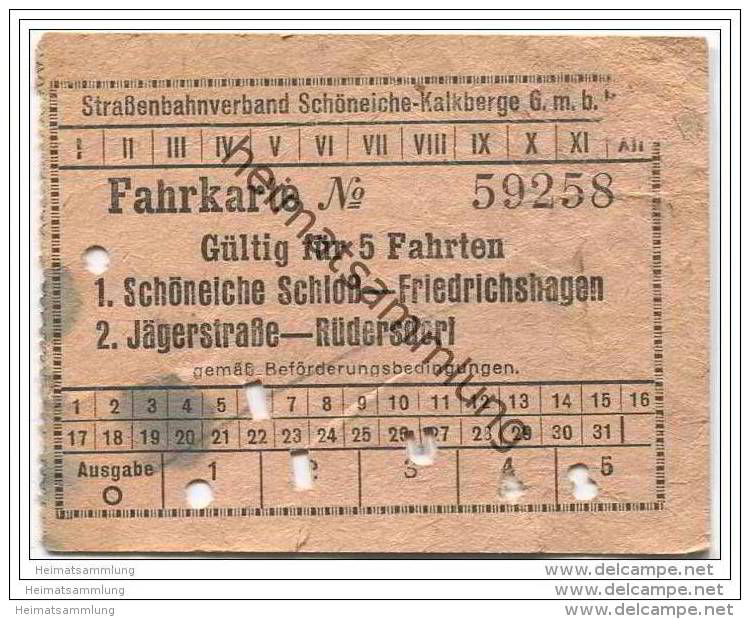 Schöneiche Kalkberge - Strassenbahnverband Schöneiche-Kalkberge GmbH - Fahrkarte Für 5 Fahrten - Europa