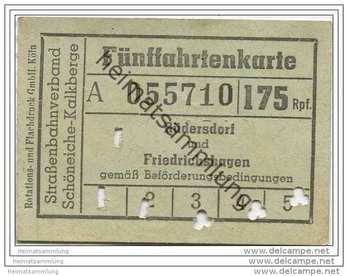 Schöneiche Kalkberge - Strassenbahnverband Schöneiche-Kalkberge - Fünffahrtenkarte - Rüdersdorf Und Friedrichshagen - Europa