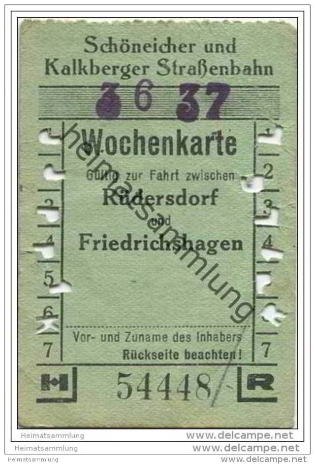 Schöneiche Kalkberge - Schöneicher Und Kalkberger Strassenbahn - Wochenkarte - Zwischen Rüdersdorf Und Friedrichshagen - Europa