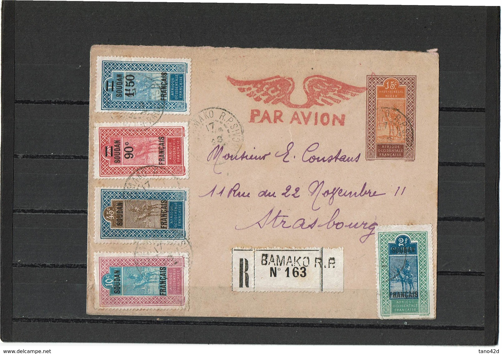 LCA11 - HAUT SENEGAL ET NIGER ENVELOPPE ACEP N° 6 VOYAGEE AVEC COMPLEMENTS REC. BAMAKO/STRASBOURG ARR. 28/2/28 - Soudan (1954-...)