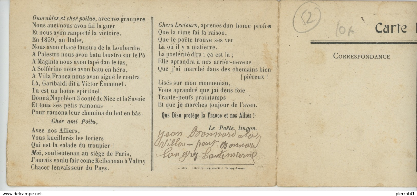 LANGRES - GUERRE 1914-18 - Carte Double Monument Bonnard Et Vers Dédiés Aux Poilus - Langres