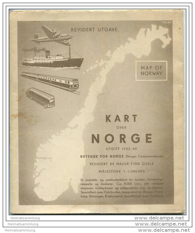 Norwegen 1952 - Rutebok For Norge - Massstab 1:1.000.000 - 76cm X 88cm - Landkarten