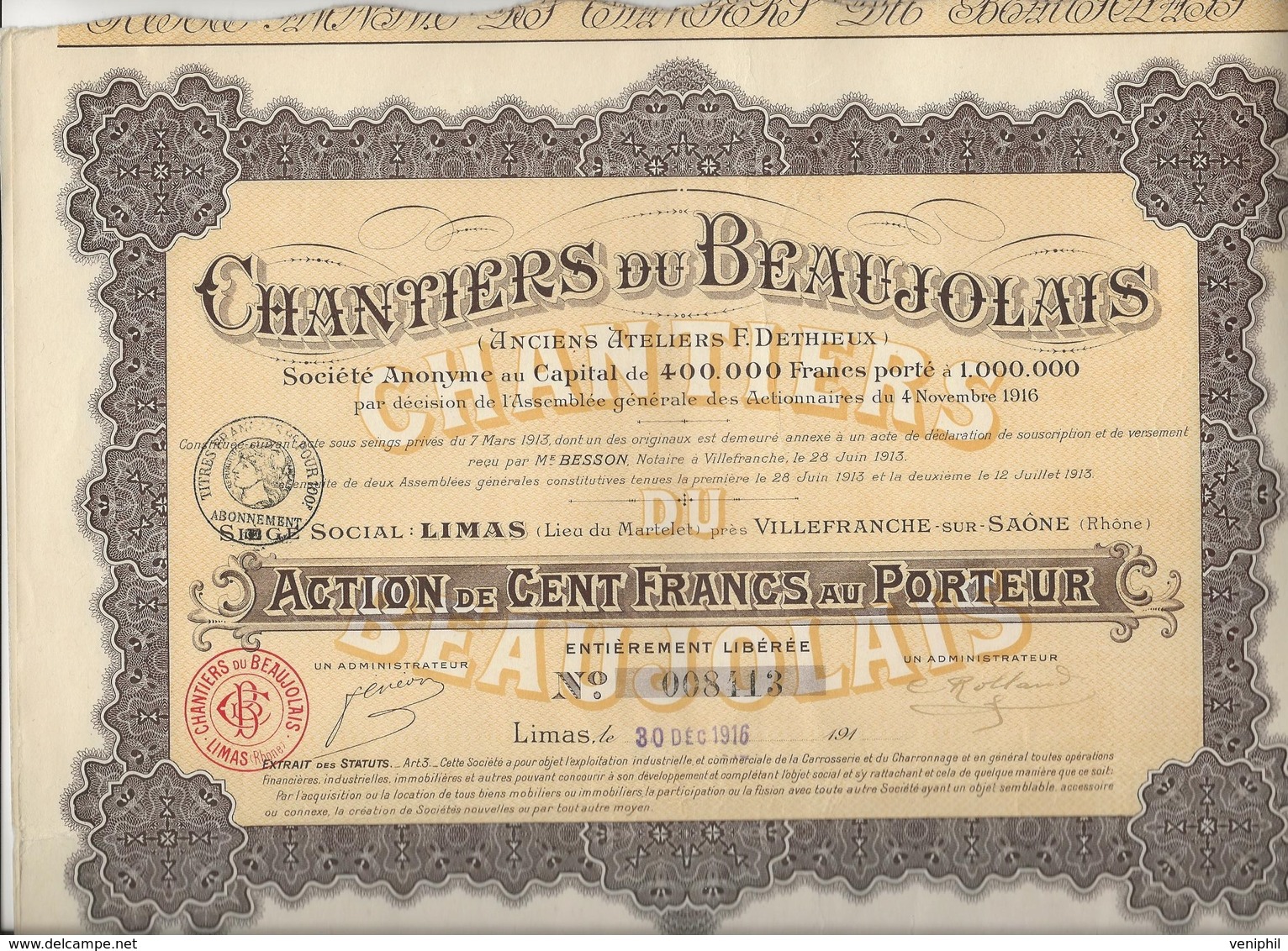 CHANTIERS DU BEAUJOLAIS - LOT DE 3 ACTIONS DE 100 FRS -ANNEE 1916 - Autres & Non Classés