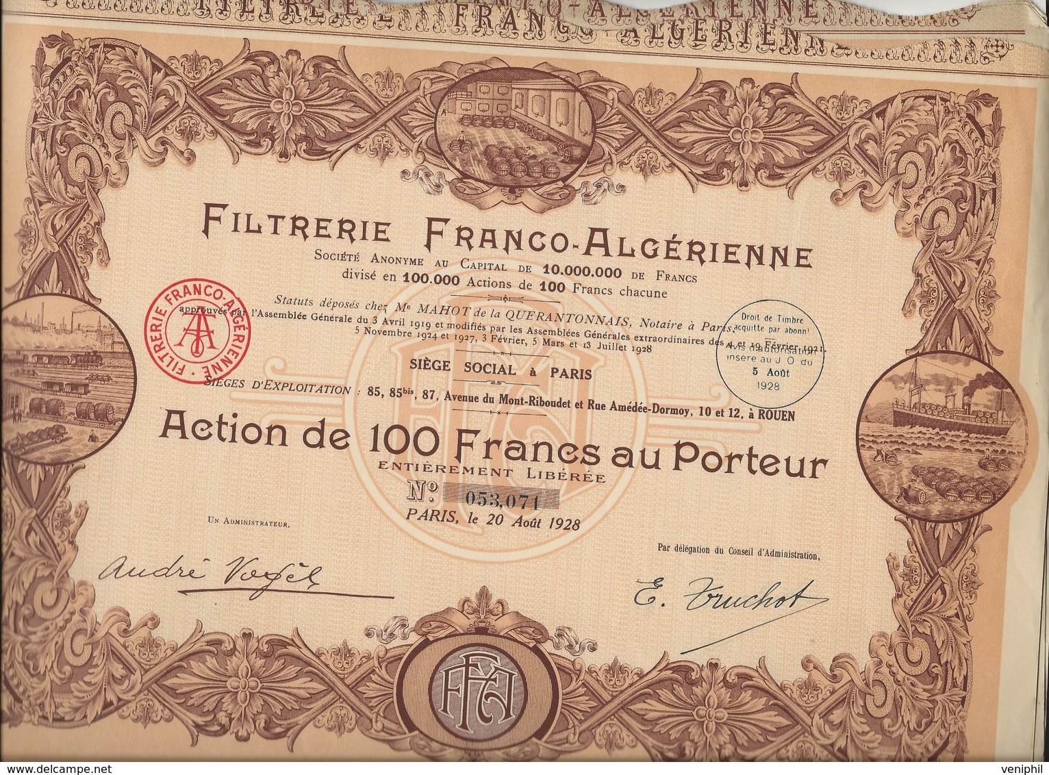 FILTRERIE FRANCO - ALGERIENNE -LOT DE 5 ACTIONS DE 100 FRS - ANNEE 1928 - Afrique