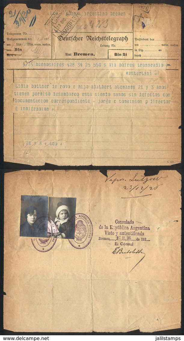 12 GERMANY: Telegram Received By The Argentine Consulate In Bremen (Germany) With Immigration Permit For A Lidia Bottner - Altri & Non Classificati