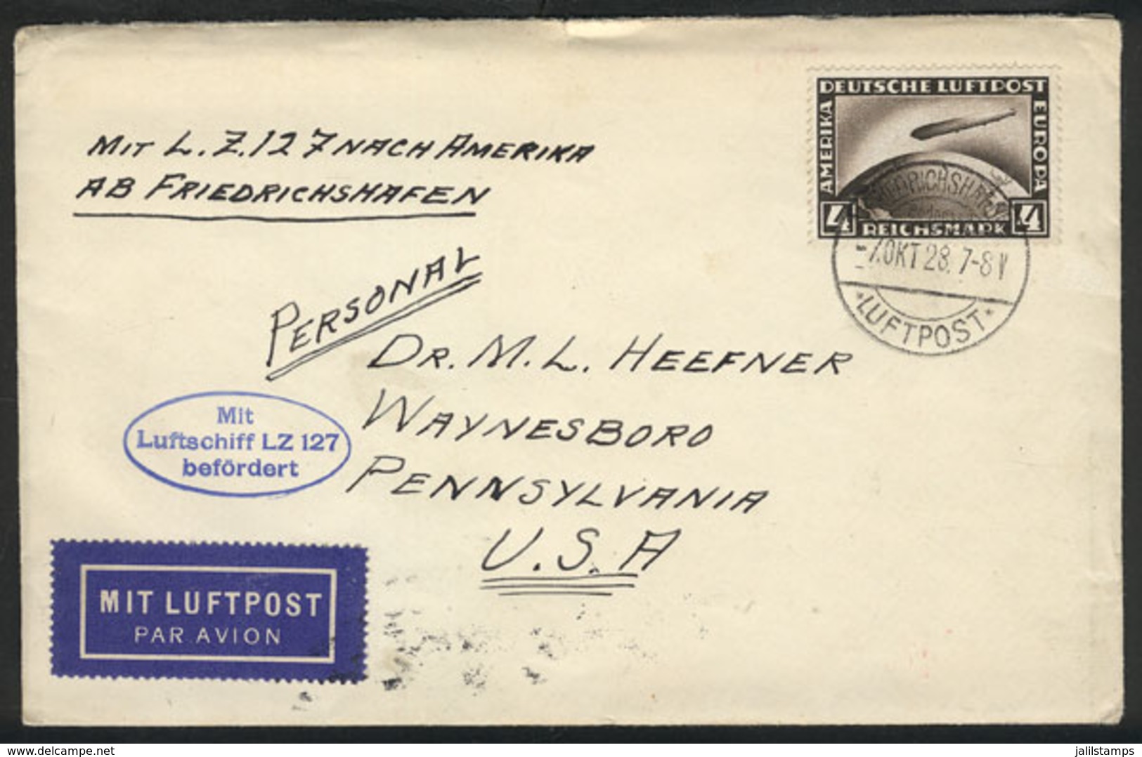 13 GERMANY: 7/OC/1928 Friedrichshafen - USA: Cover Flown By Zeppelin, Franked By Sc.C37, With Arribal Backstamp, Excelle - Sonstige & Ohne Zuordnung