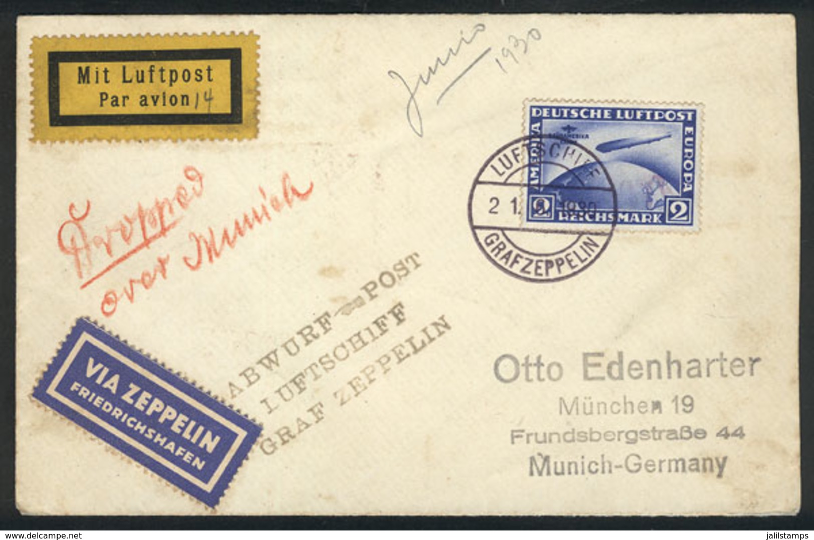16 GERMANY: 21/JUN/1930 Zeppelin - München: Cover Franked By Sc.C38, Dispatched Onboard Zeppelin During Flight To South  - Otros & Sin Clasificación