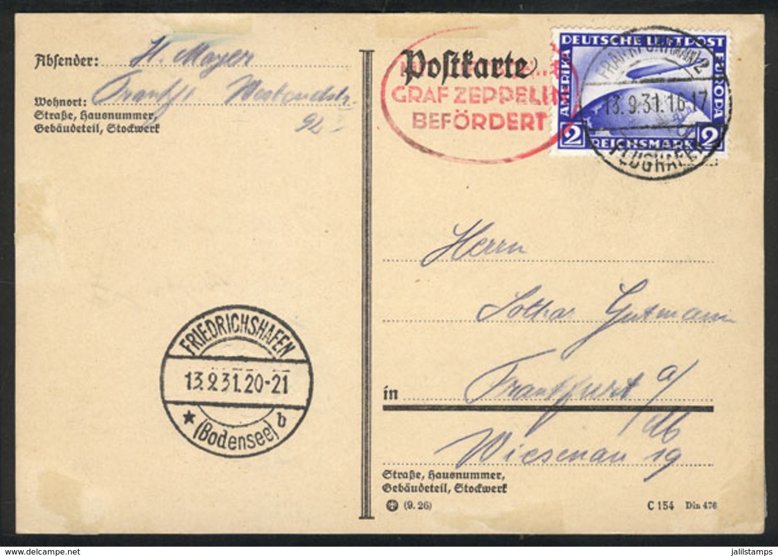 18 GERMANY: 13/SE/1931 Frankfurt - Friedrichshafen - Frankfurt: Card Flown By Zeppelin, Very Nice! - Altri & Non Classificati