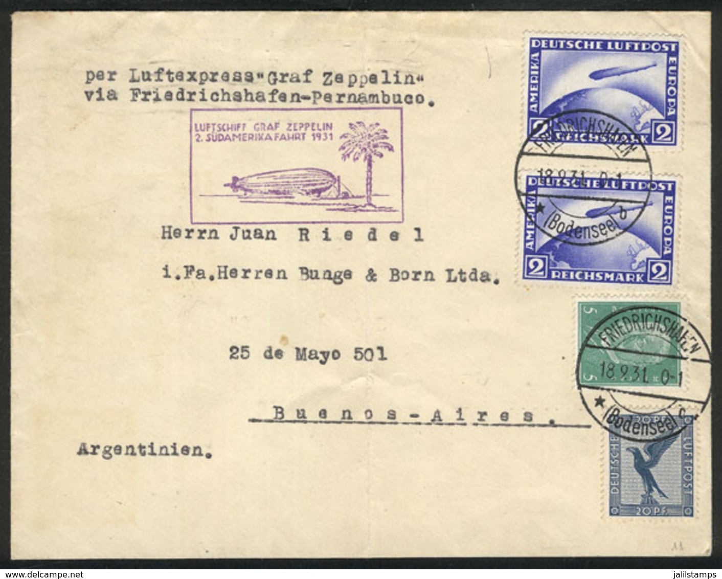 19 GERMANY: 18/SE/1931 Friedrichshafen  - Buenos Aires: Cover Flown By Zeppelin To Argentina, Very Nice! - Other & Unclassified