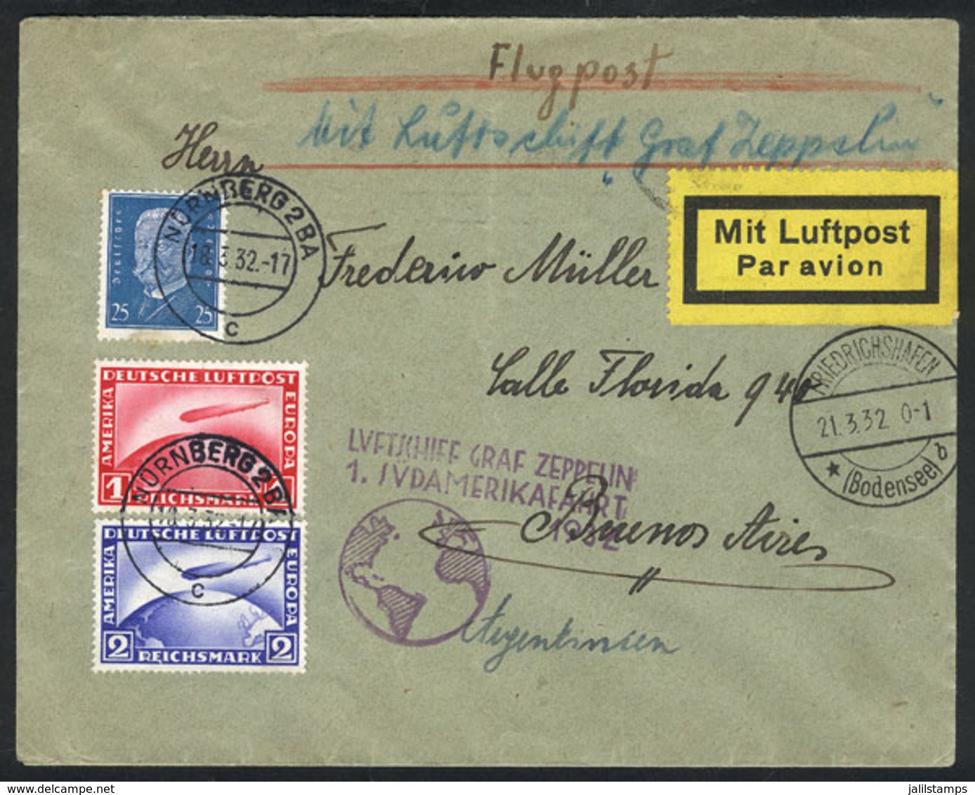 21 GERMANY: 18/MAR/1932 Nürnberg - Buenos Aires: Cover Flown By Zeppelin With Nice Postage Of 3Mk., With Handstamp Of Th - Sonstige & Ohne Zuordnung