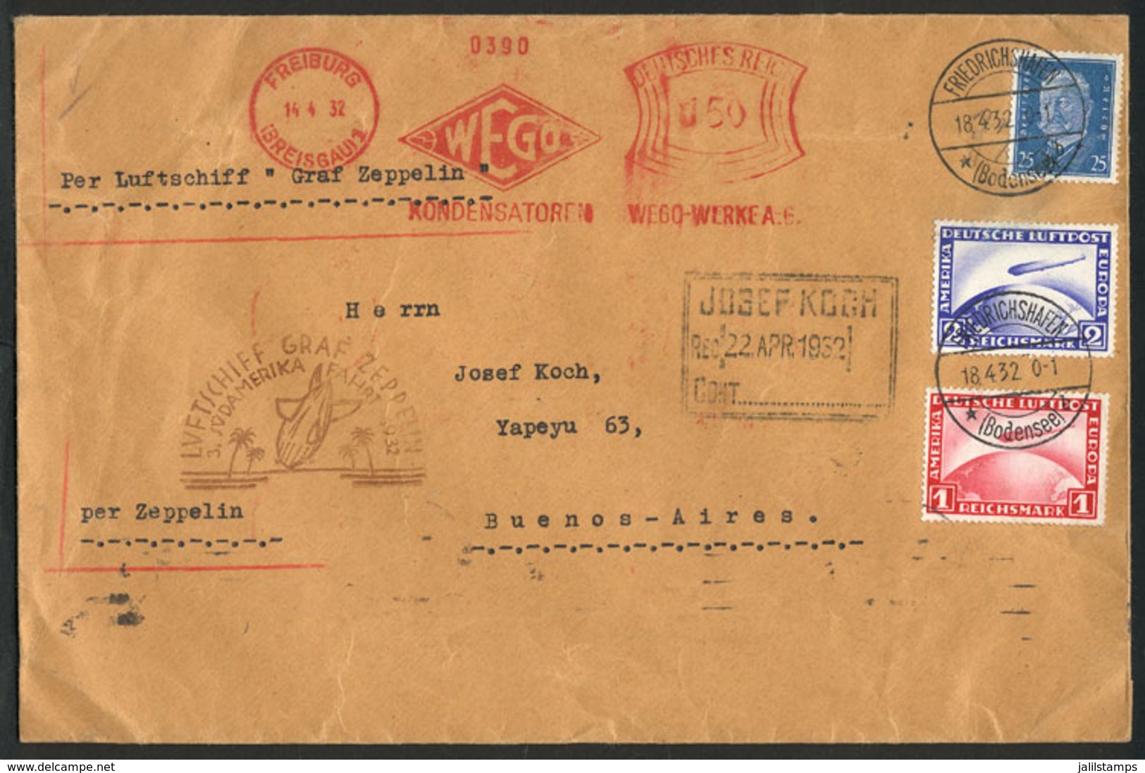 22 GERMANY: 18/AP/1932 Friedrichshafen - Buenos Aires: Cover Flown By Zeppelin With MIXED POSTAGE (meter Postage + Posta - Other & Unclassified