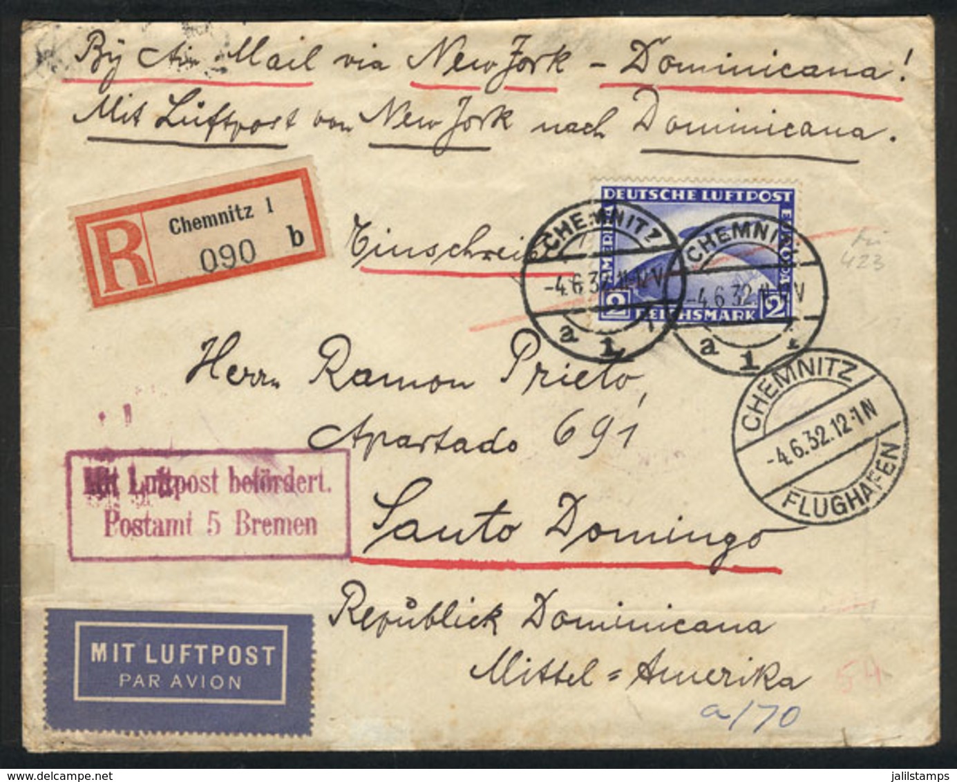 24 GERMANY: 4/JUN/1932 Chemnitz - New York - DOMINICAN REPUBLIC: Registered Cover Flown By Zeppelin, On Back Transit Mar - Otros & Sin Clasificación