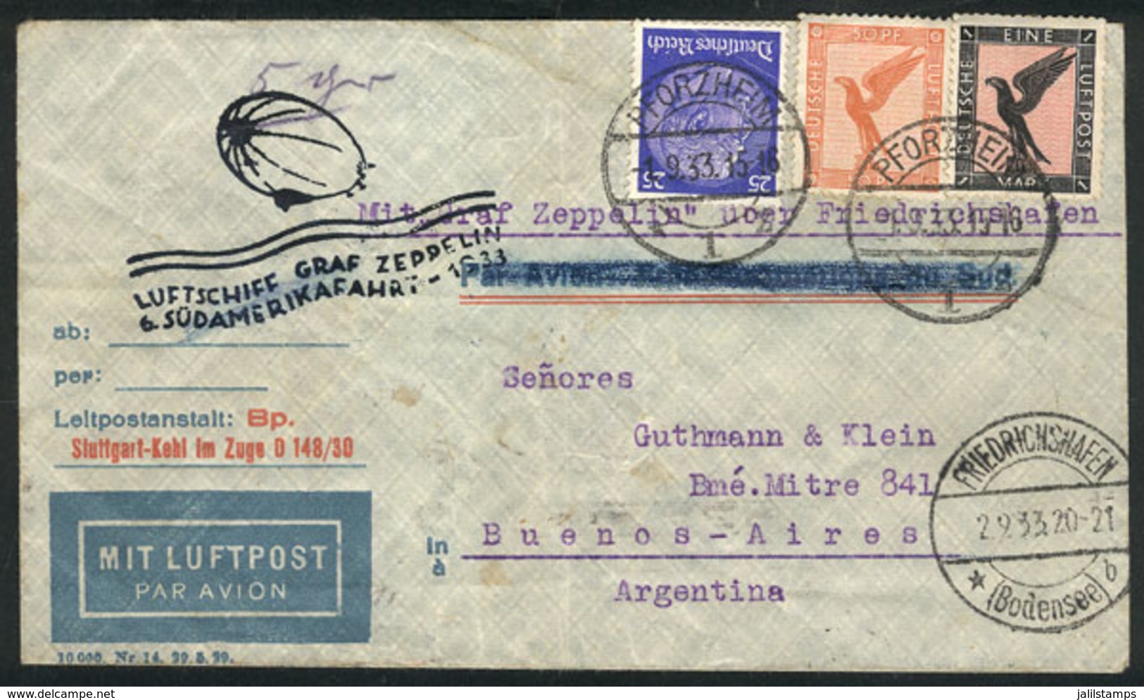 28 GERMANY: 1/SE/1933 Pforzheim - Buenos Aires: Cover Flown By Zeppelin To Argentina, With Special Handstamp Of The Flig - Other & Unclassified