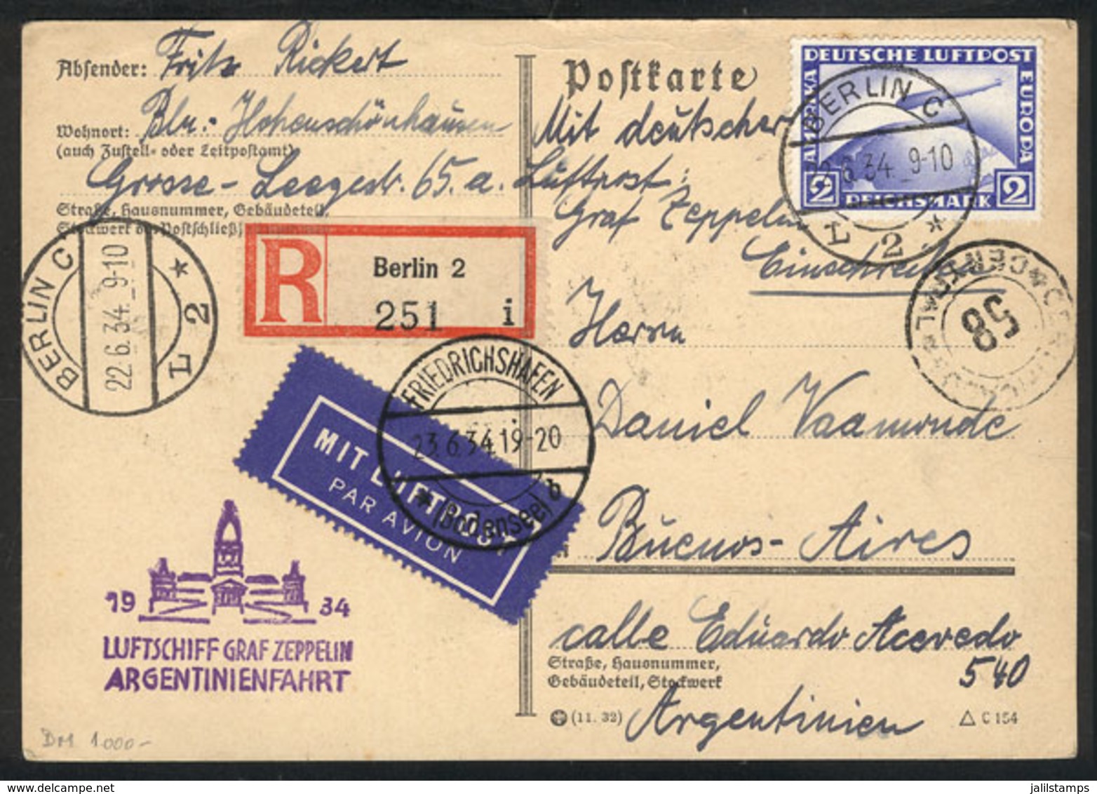 33 GERMANY: 22/JUN/1934 Berlin - Buenos Aires: Registered Card Sent By Zeppelin Franked With 2Mk., Special Handstamp Of  - Otros & Sin Clasificación