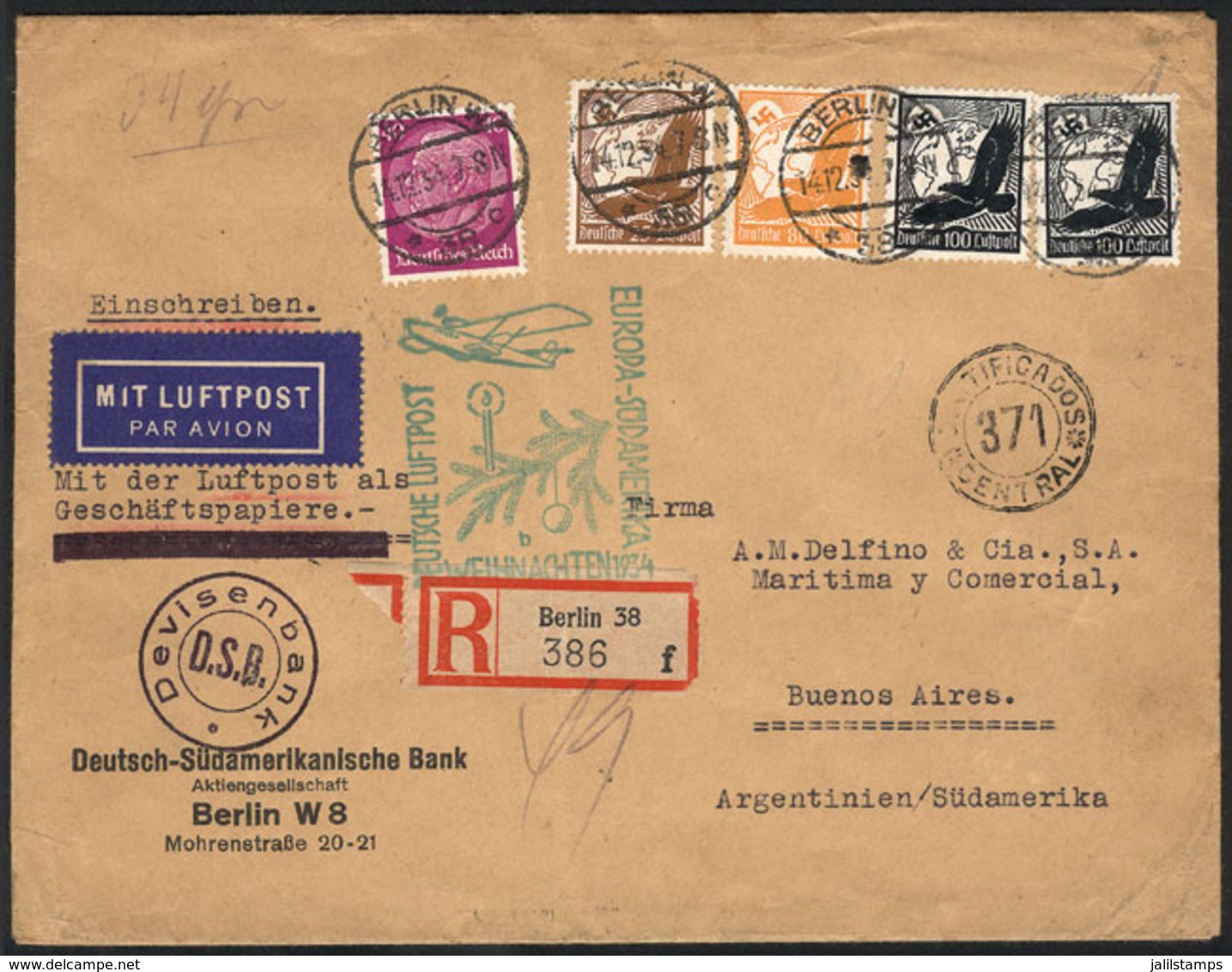 34 GERMANY: 14/DE/1934 Berlin - Buenos Aires: Commercial Cover Sent By Registered Airmail, Franked With 3.45RM., With Sp - Sonstige & Ohne Zuordnung