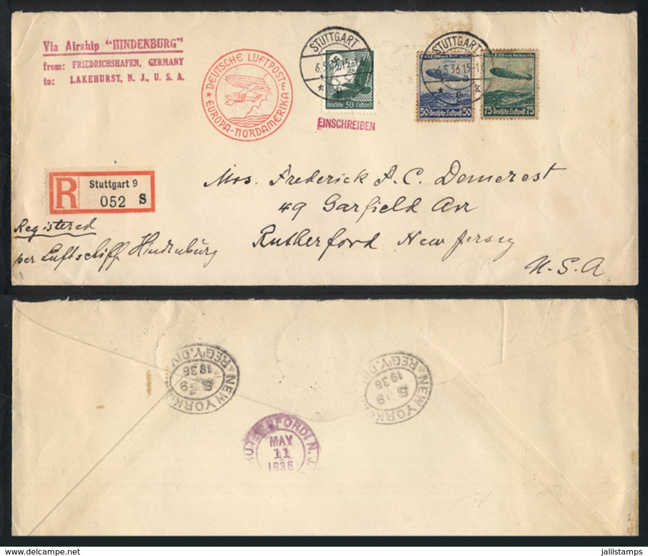 37 GERMANY: 6/MAY/1936 Stuttgart - USA By The HINDENBURG: Registered Cover Flown By The Zeppelin Between Friedrichshafen - Other & Unclassified