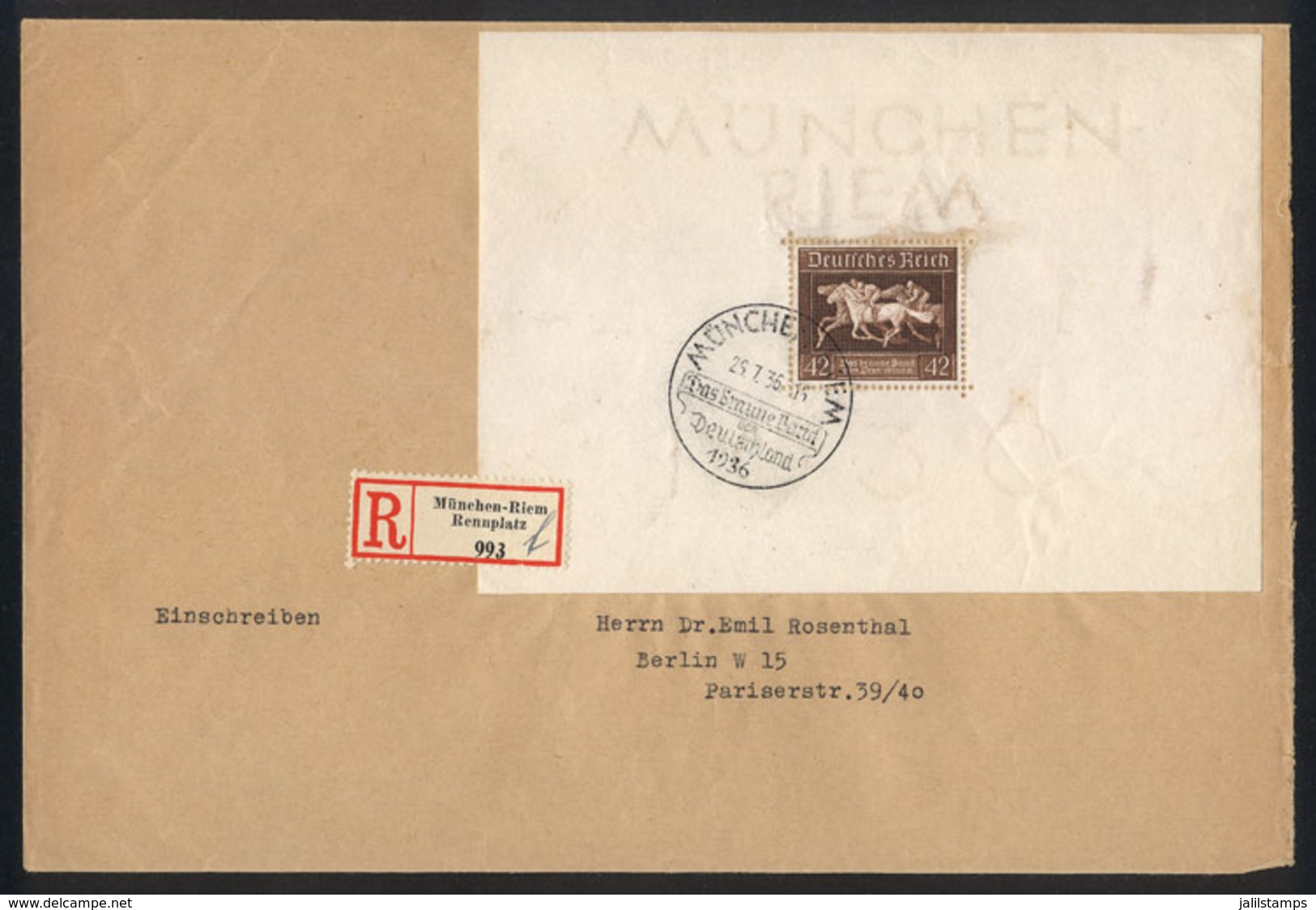 38 GERMANY: Cover Franked With Sc.B90 (Horse Racing), Sent By Registered Mail From München To Berlin On 26/JUL/1936, VF  - Andere & Zonder Classificatie