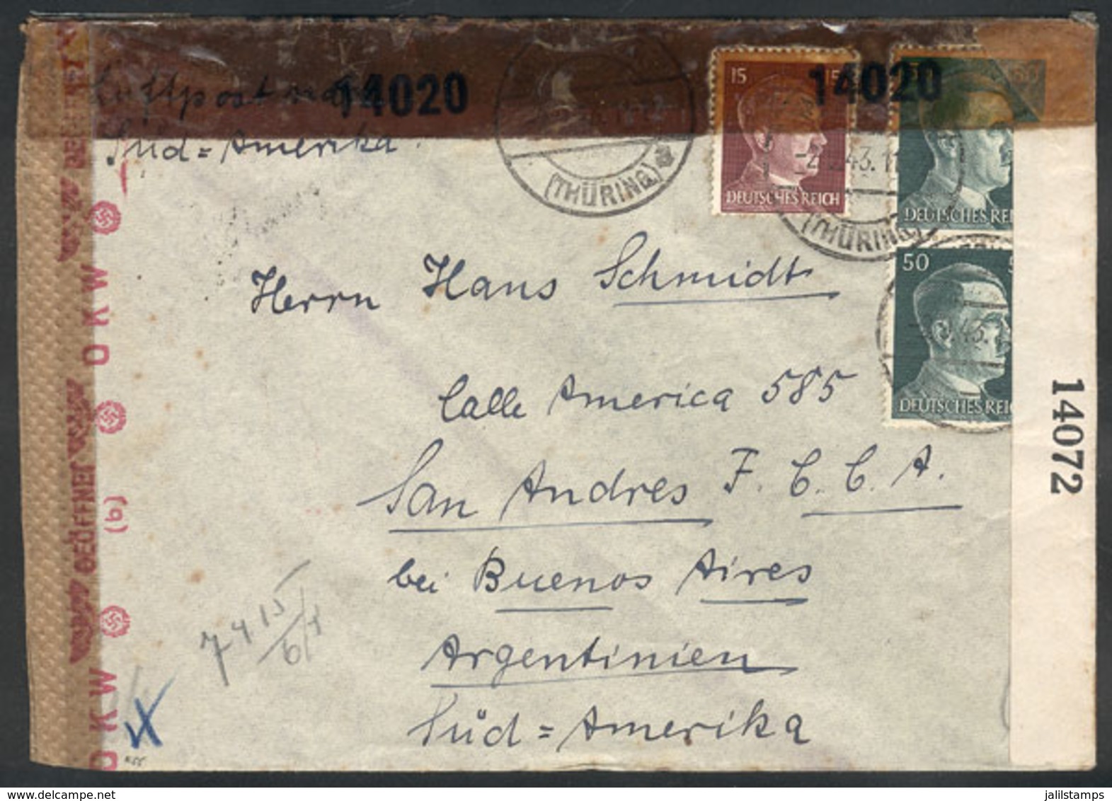 43 GERMANY: Airmail Cover Sent To Argentina On 2/SE/1943 With Interesting TRIPLE CENSORSHIP, VF Quality! - Altri & Non Classificati