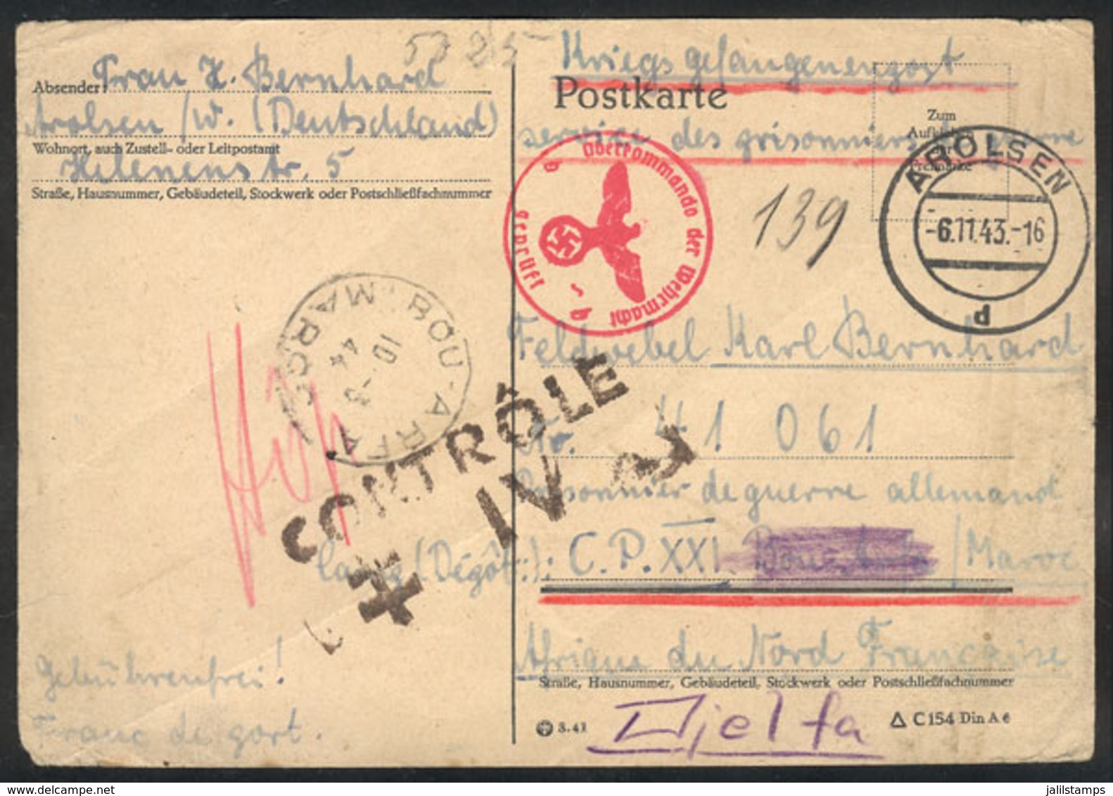 44 GERMANY: Card Sent To A German Prisoner Of War In FRENCH MORROCO, With Interesting Postal And Censor Marks, VF Qualit - Altri & Non Classificati
