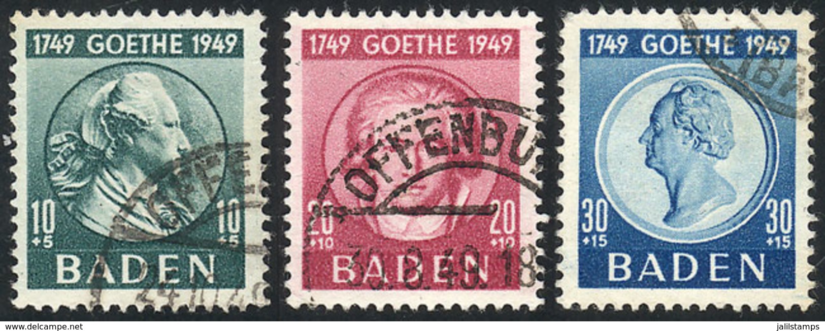 57 GERMANY - BADEN: Sc.5NB12/14, 1949 Goethe, Complete Set Of 3 Used Values, VF Quality, Catalog Value US$83. - Otros & Sin Clasificación