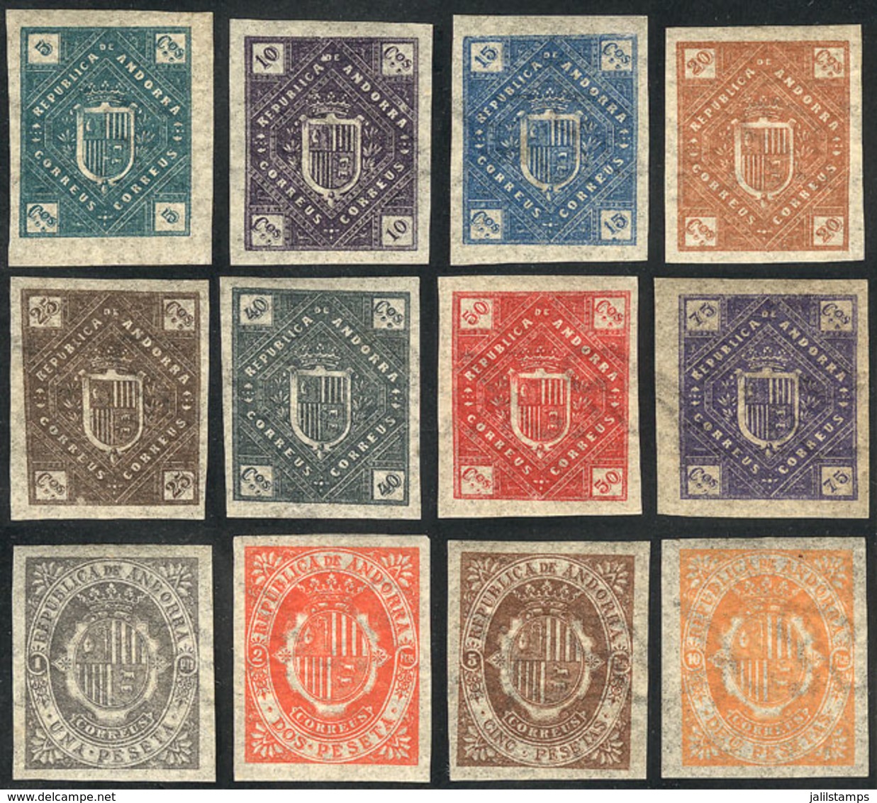 71 SPANISH ANDORRA: Edifil NE.1/12, 1875 Coats Of Arms, Complete Set Of 12 Imperforate Values, UNISSUED, Very Fine Quali - Unused Stamps