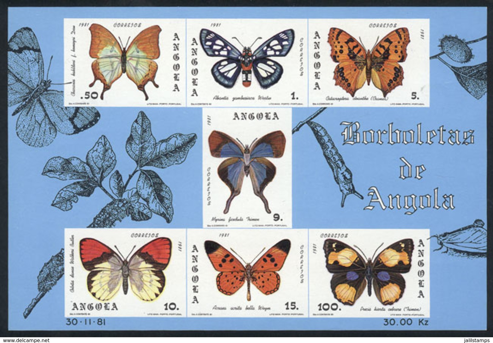 75 ANGOLA: Sc.653a, 1982 Butterflies, Imperforate Souvenir Sheet, MNH, VF Quality! - Angola