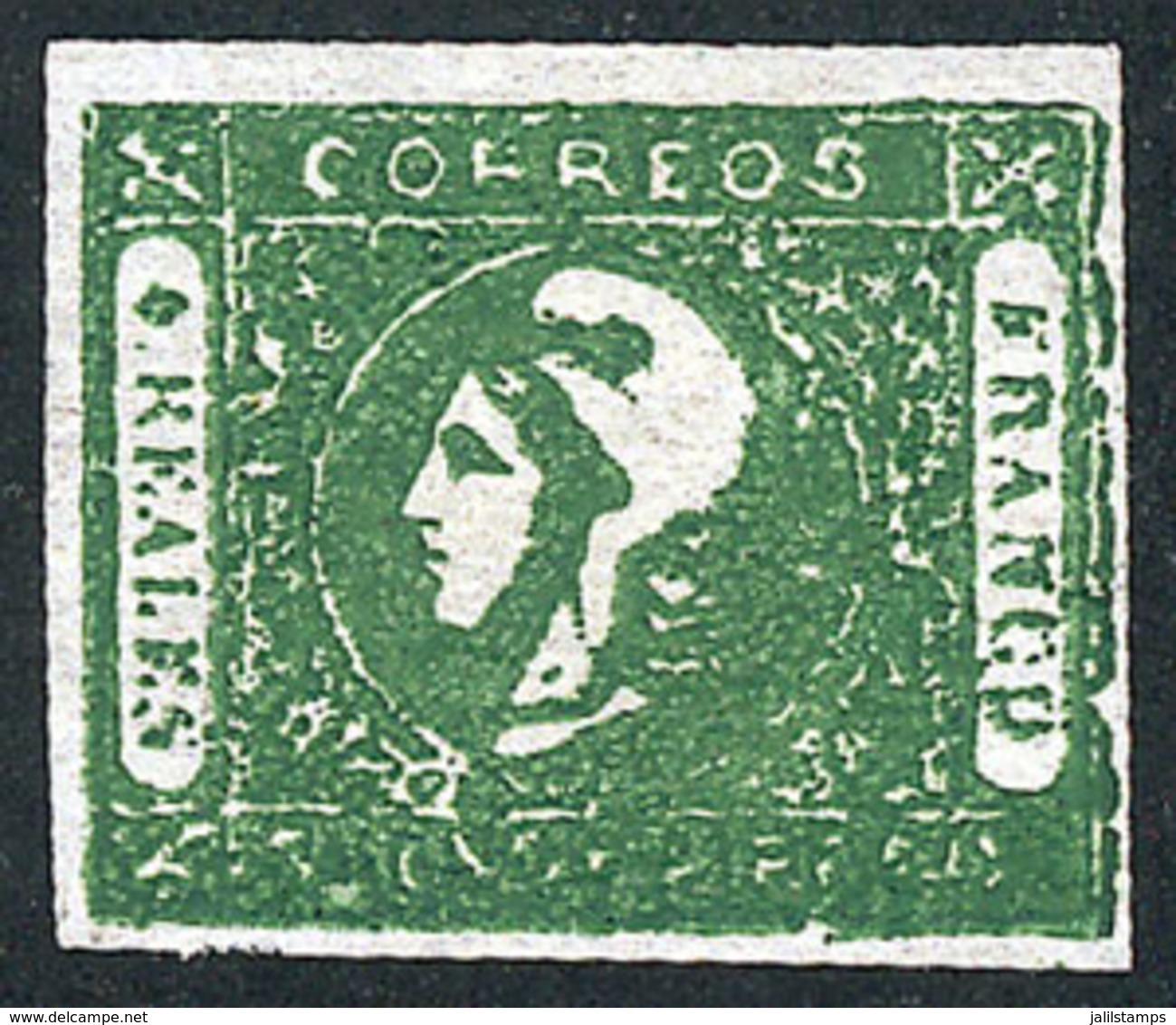 84 ARGENTINA: GJ.16, 1859 4R. Dark Green, Very Worn And Inky Impression, With The Lower Inscription Virtually Invisible, - Buenos Aires (1858-1864)