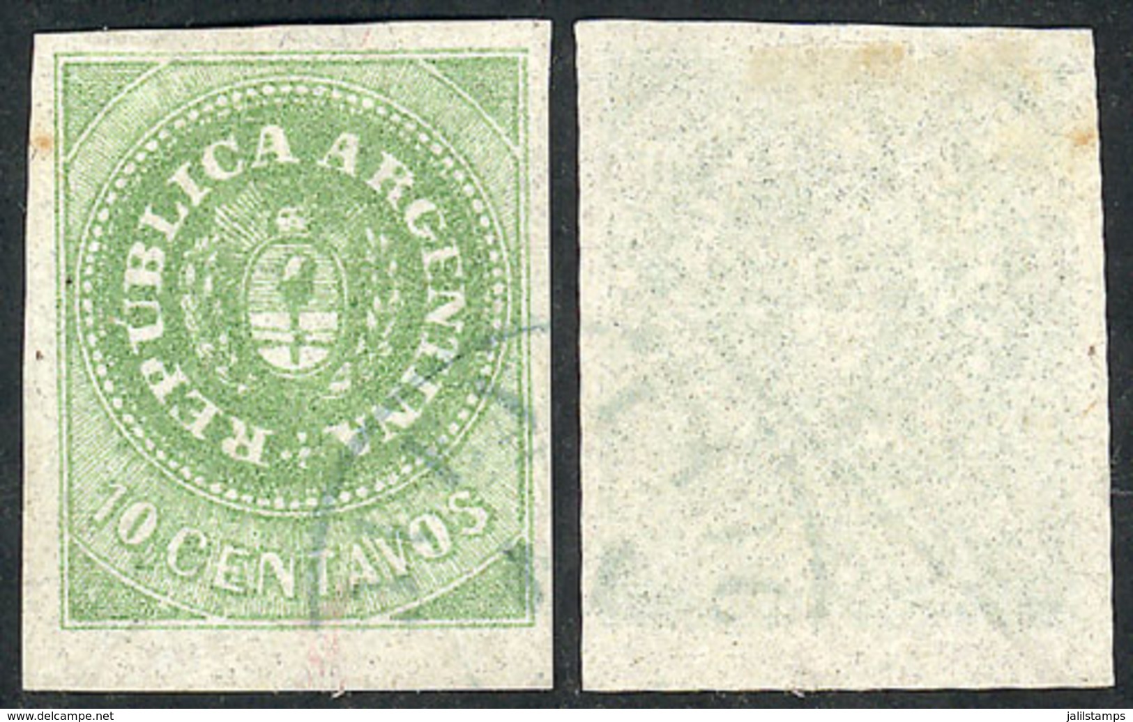 94 ARGENTINA: RECENT FIND: GJ.8b, 10c. Yellow-green With 8 Cut Angles, WITH DIAGONAL LINE WATERMARK, Very Notable, Only  - Neufs