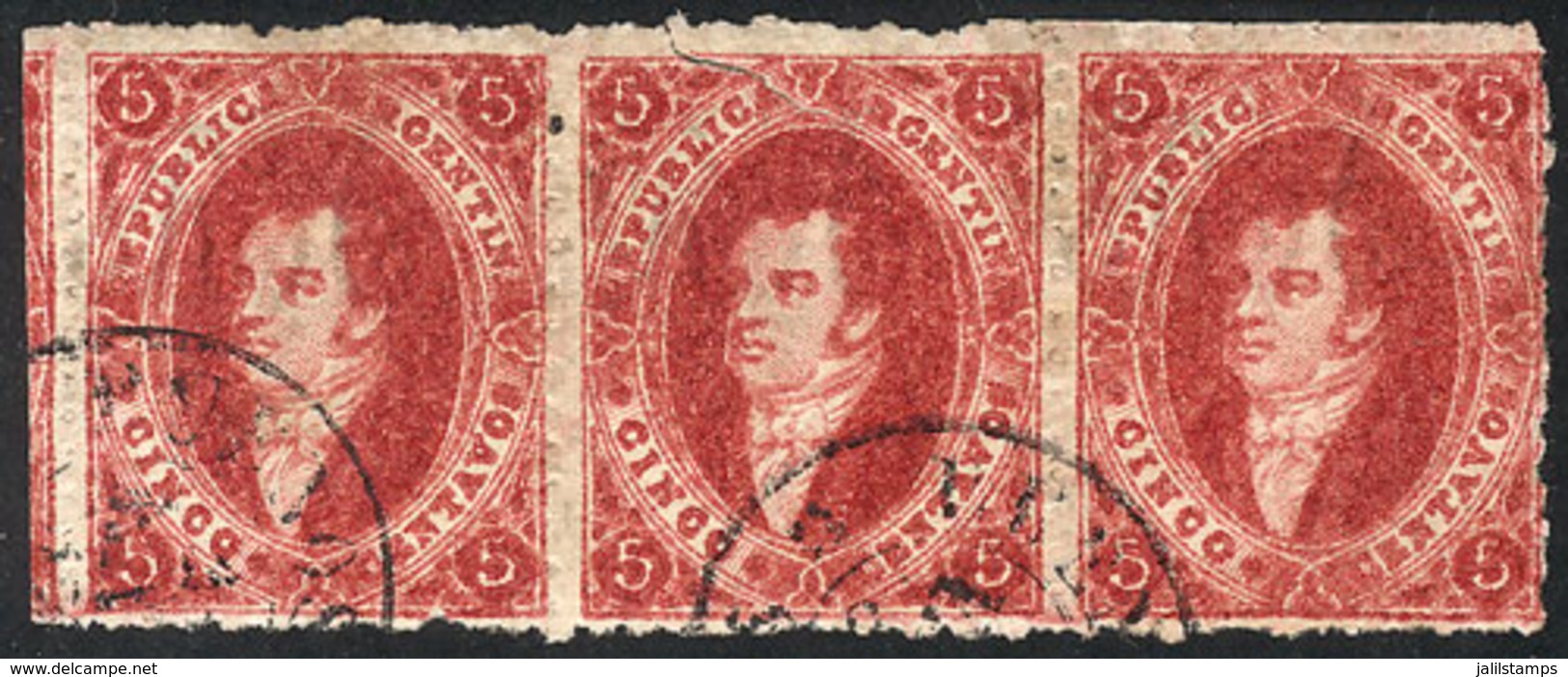 103 ARGENTINA: GJ.26, 5th Printing, Beautiful Used Strip Of 3 (the Stamp In The Center With Minor Defect), Very Nice And - Neufs