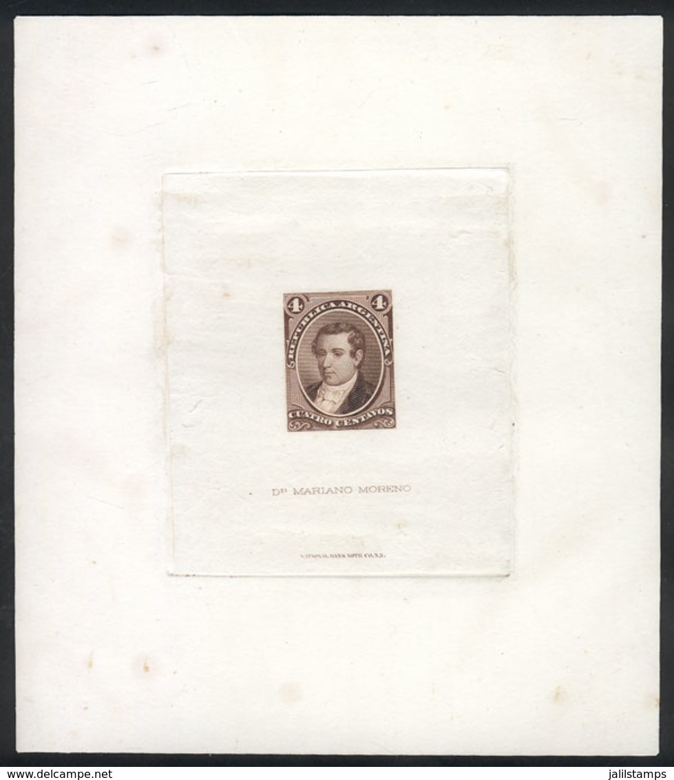 113 ARGENTINA: GJ.36, 1867 4c. Moreno, DIE PROOF In The Issued Color, Printed On Thin Paper Glued To Card, VF Quality, R - Otros & Sin Clasificación