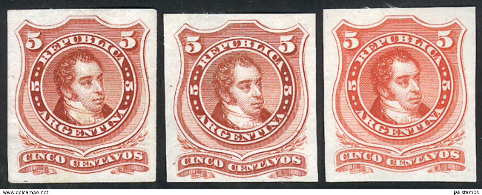 116 ARGENTINA: GJ.38, 1867 5c. Rivadavia With Groundwork Of Crossed Lines, 3 TRIAL COLOR PROOFS (different Shades) Print - Other & Unclassified