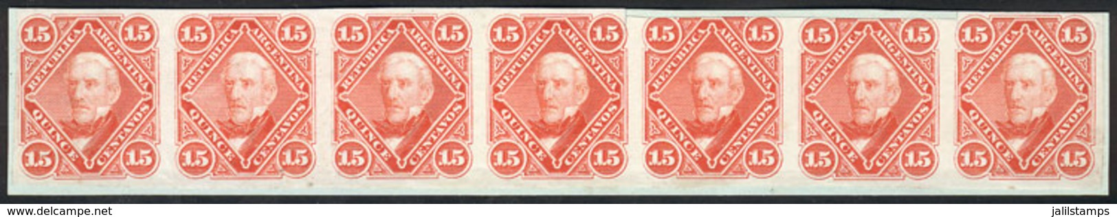121 ARGENTINA: GJ.40, 1867 15c. San Martín, PROOF In Orange, Strip Of 7 Printed On Thin Paper, Glued To Thick Paper Supp - Other & Unclassified