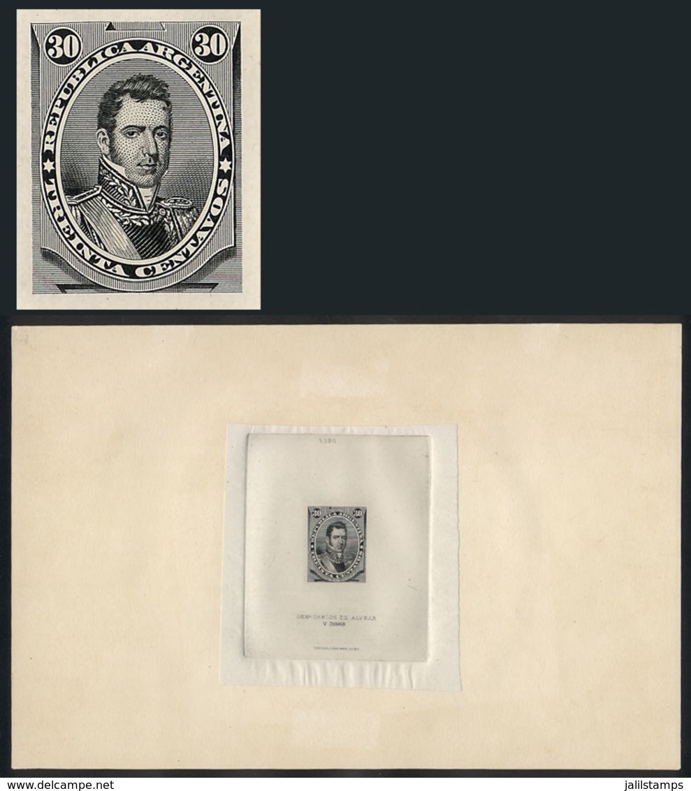 124 ARGENTINA: "GJ.42, 1867 30c. Alvear, DIE PROOF Printed In Black On Thin Paper Glued To Card, With HORIZONTAL FORMAT, - Other & Unclassified