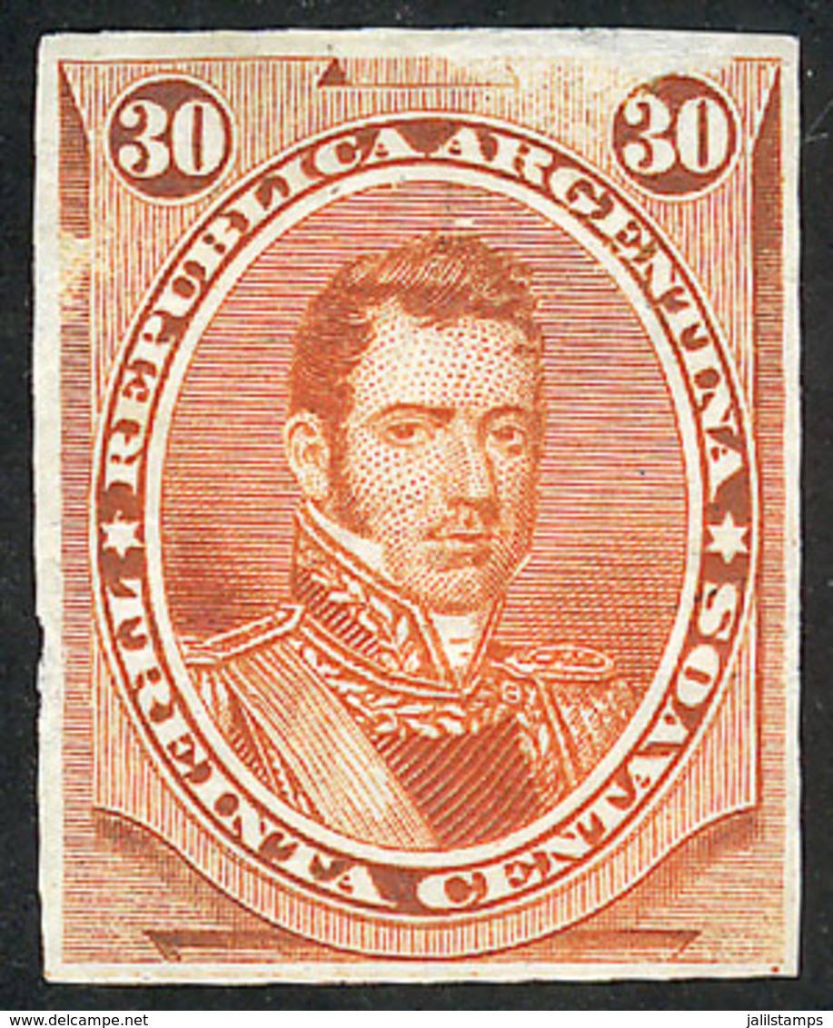 125 ARGENTINA: GJ.42, 1867 30c. Alvear, PROOF In The Issued Color Printed On Thin Paper, VF Quality! - Other & Unclassified