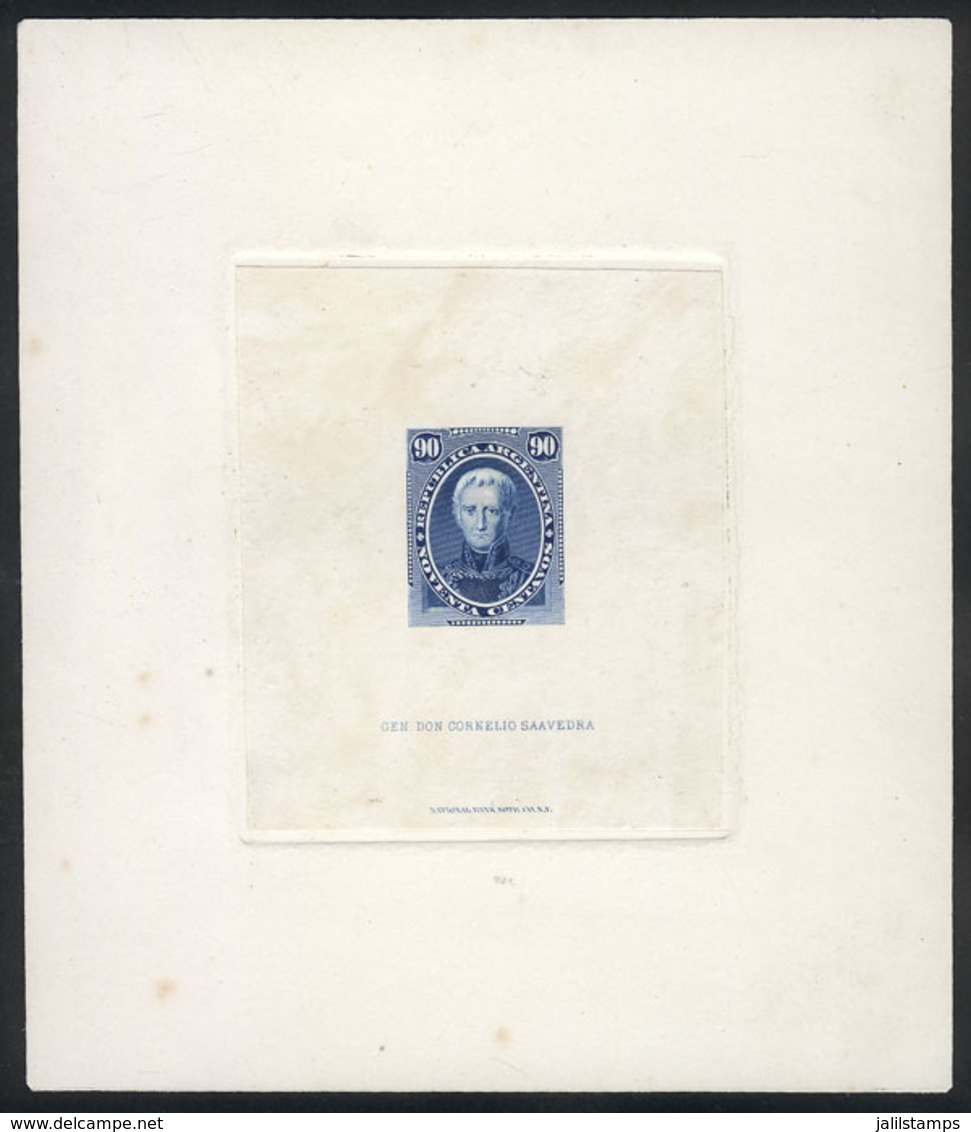 128 ARGENTINA: GJ.44, 1867 90c. Saavedra, DIE PROOF In The Issued Color, Printed On Thin Paper Glued To Card, VF Quality - Autres & Non Classés