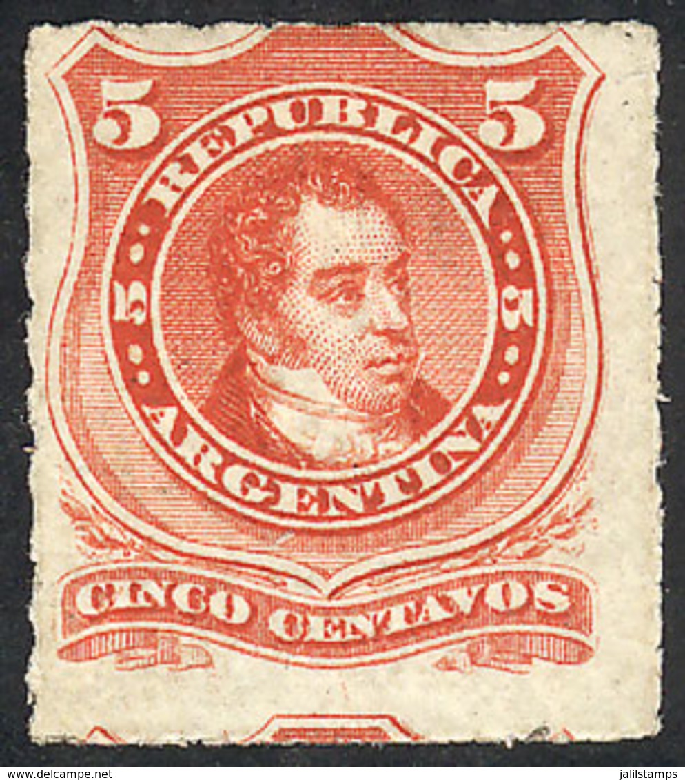 129 ARGENTINA: GJ.48, 1876 5c. Rivadavia Rouletted, Mint Original Gum, Very Fresh, VF Quality! - Andere & Zonder Classificatie