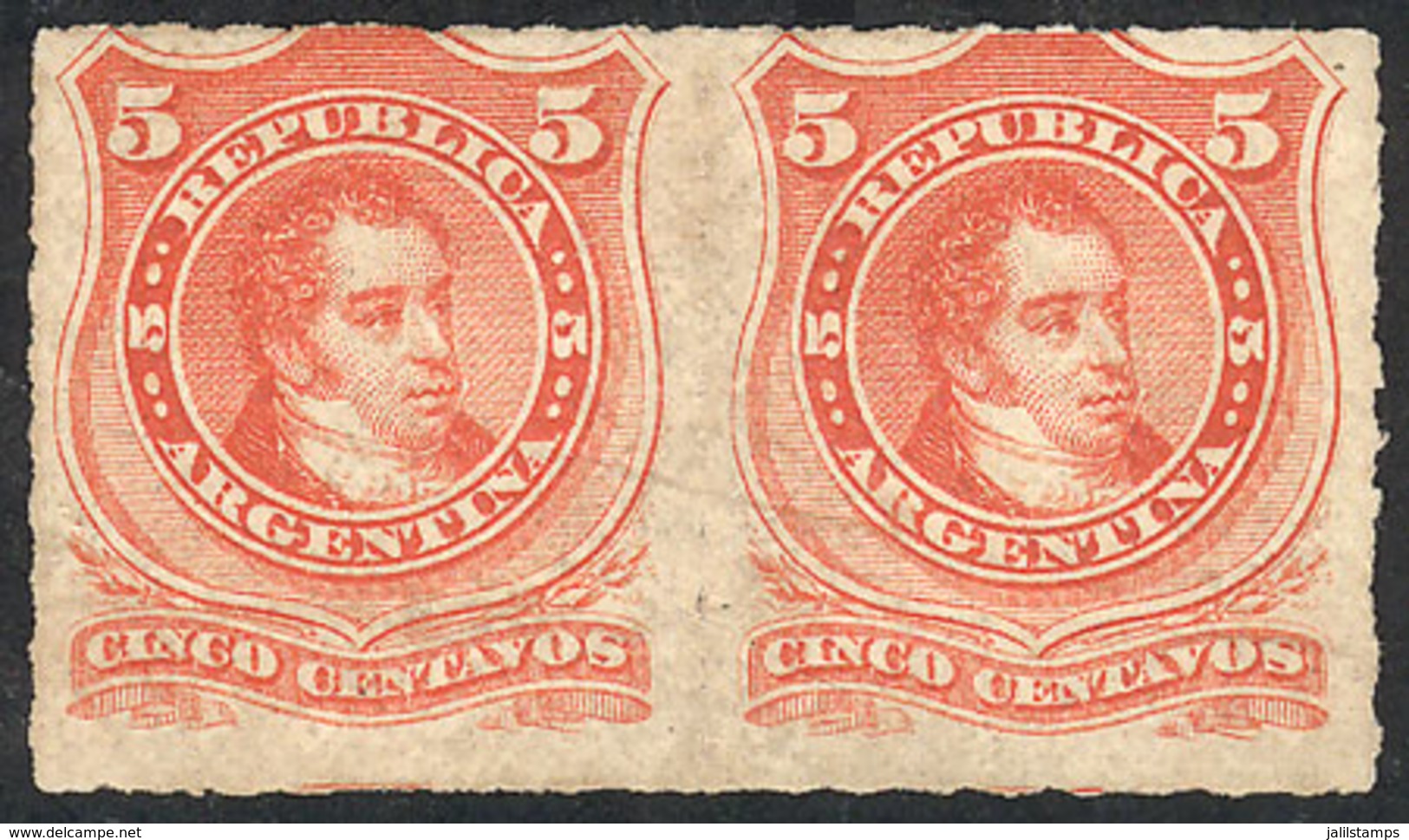 130 ARGENTINA: GJ.48, 1876 5c. Rivadavia Rouletted, Pair, Mint Without Gum, VF Quality! - Autres & Non Classés