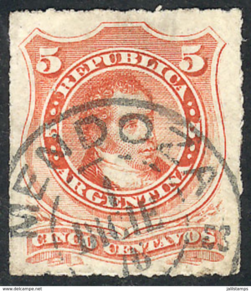 131 ARGENTINA: GJ.48, 1876 5c. Rivadavia Rouletted, Used In MENDOZA, Excellent Quality! - Andere & Zonder Classificatie