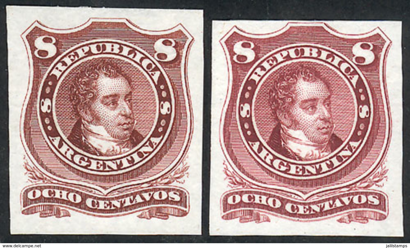 132 ARGENTINA: GJ.49, 1876 8c. Rivadavia Rouletted, 2 COLOR PROOFS Printed On Thin Paper In Dark Chestnut And Dark Carmi - Andere & Zonder Classificatie