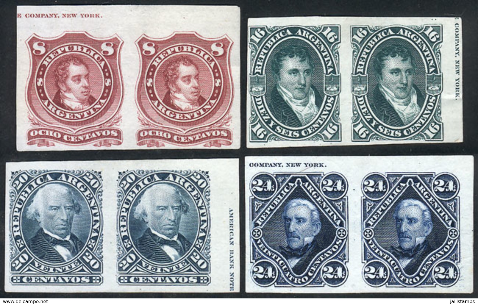 136 ARGENTINA: GJ.49/52, 1876 Rouletted Set, 8c. To 24c., PROOFS In The Issued Colors Printed On Thin Paper (Indian), Co - Other & Unclassified
