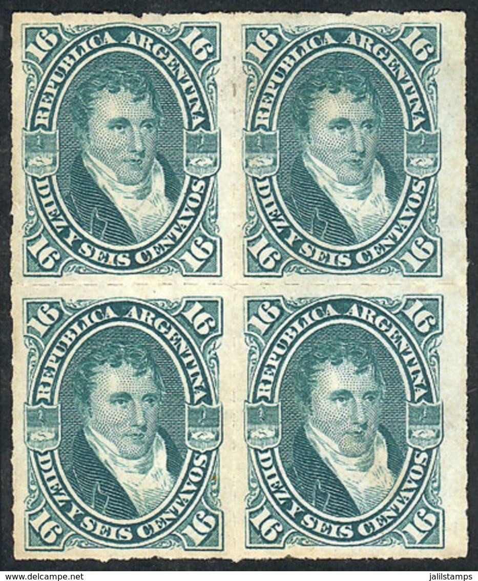 137 ARGENTINA: GJ.50, 1876 16c. Belgrano Rouletted, Block Of 4, Mint Without Gum, VF Quality! - Autres & Non Classés