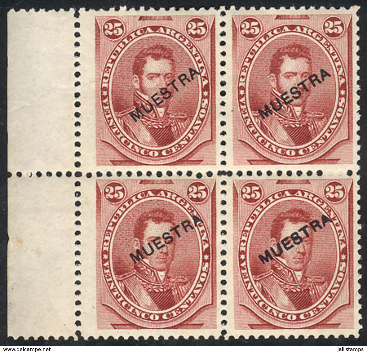 146 ARGENTINA: GJ.56, 1877 25c. Alvear, Mint Block Of 4 With MUESTRA Ovpt, VF Quality! - Andere & Zonder Classificatie