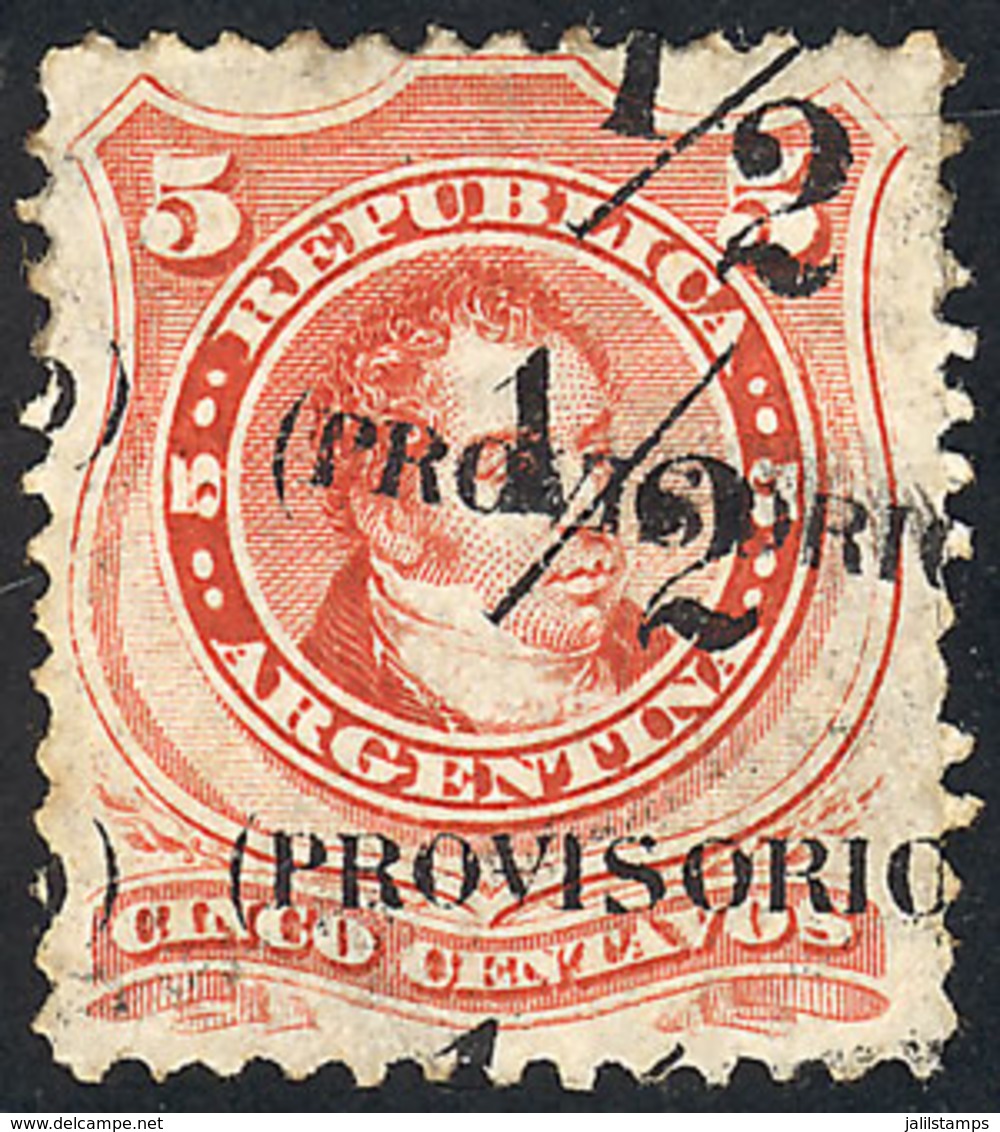 147 ARGENTINA: GJ.59h, 1882 Provisional Of ½c. On 5c., With Variety: DOUBLE Overprint, ONE DIAGONAL And With Offset Impr - Andere & Zonder Classificatie