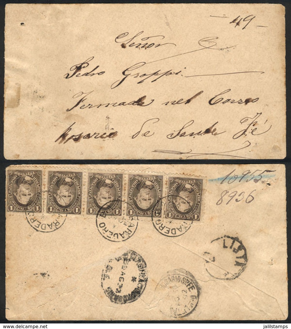 153 ARGENTINA: GJ.101, Strip Of 5 Franking A Cover Sent From BARADERO To Rosario On 30/AU/1892, With Interesting Cancels - Other & Unclassified