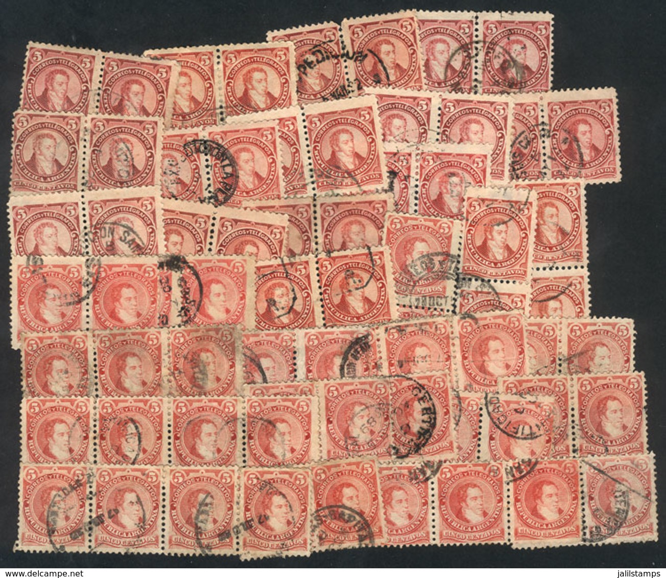 154 ARGENTINA: GJ.105 + 106 + 107, 5c. Rivadavia Types I, II Or III, Approximately 1,400 Used Stamps, Most Of Very Fine  - Autres & Non Classés
