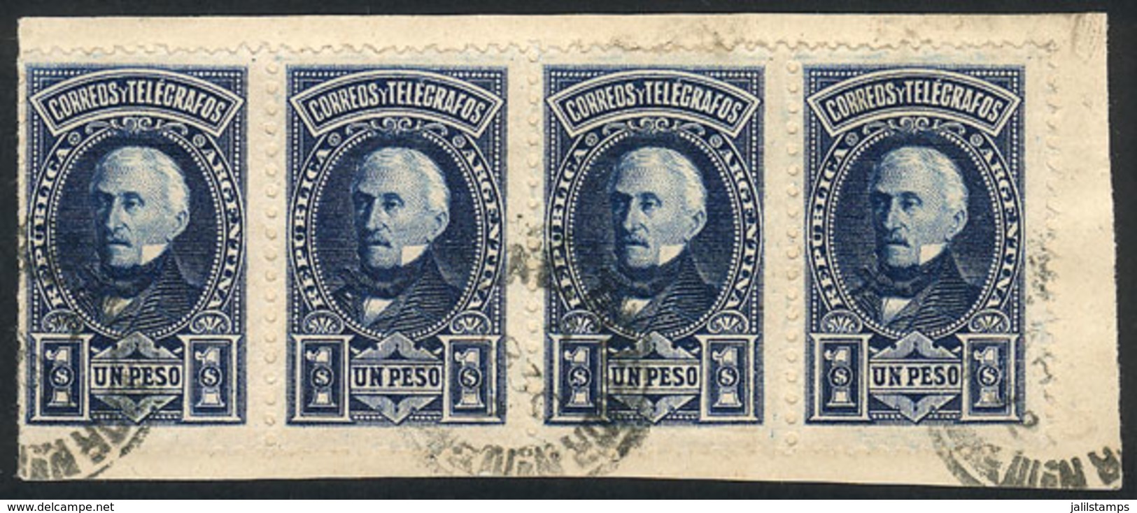 155 ARGENTINA: GJ.115, 1889 1P. San Martín, Strip Of 4 Used On Fragment, Excellent Quality, Very Rare! - Andere & Zonder Classificatie