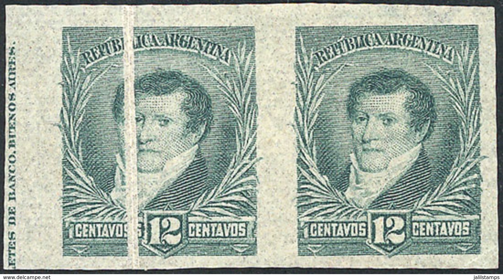 156 ARGENTINA: RARE VARIETY ON A TRIAL COLOR PROOF: GJ.144, Proof In Light Green On Thin Paper, Pair, The Left Stamp Wit - Autres & Non Classés