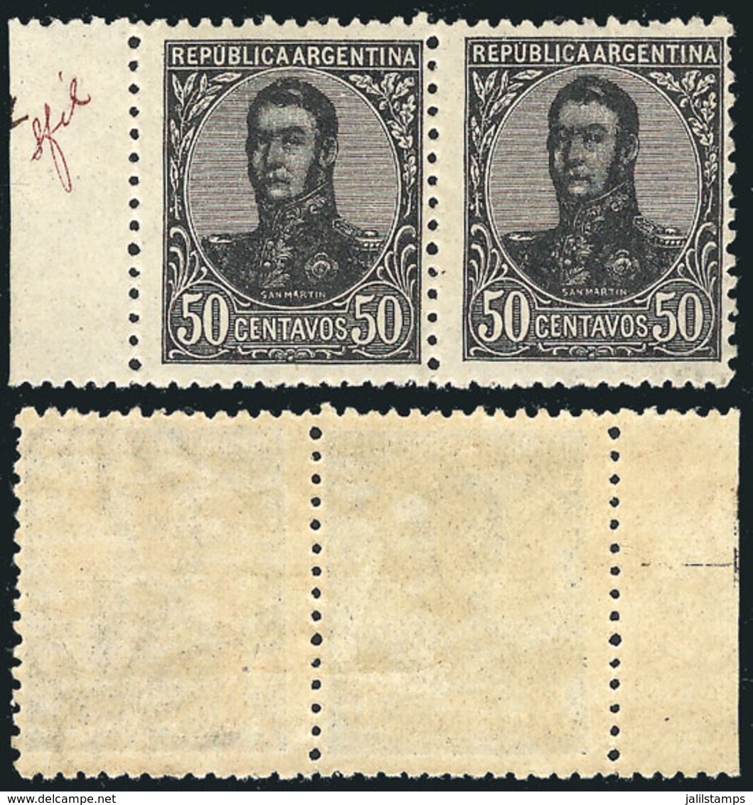 160 ARGENTINA: GJ.287b, 1908 50c. San Martín In Oval, Pair WITH AND WITHOUT WATERMARK, Excellent Quality! - Other & Unclassified
