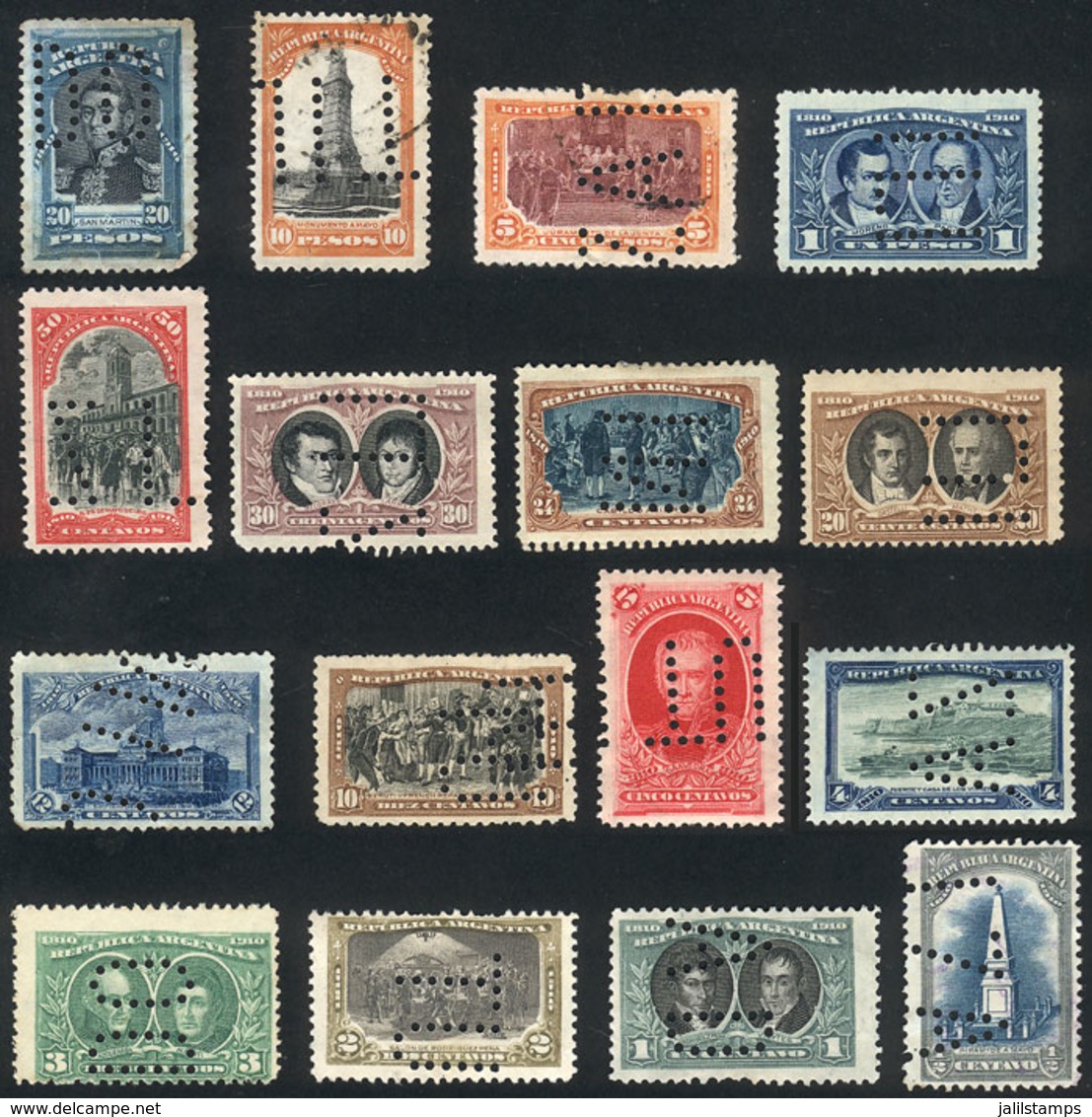 161 ARGENTINA: GJ.300/315, 1910 Centenary Of The May Revolution, Cmpl. Set Of 16 Values With Bulk Mail Cancellation, Wit - Andere & Zonder Classificatie